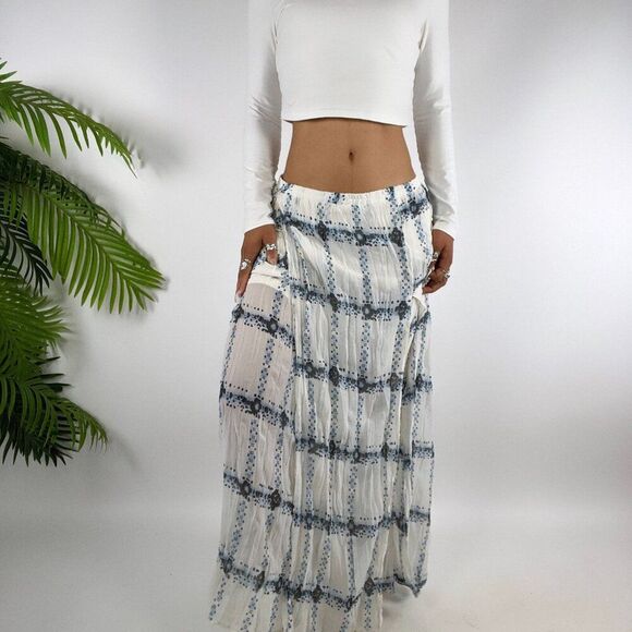 Women's Cato Blue & White Boho Coastal Chic Cottagecore Pleated Skirt / 18/20W - Picture 3 of 8